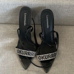 Lemon Black Patent Pointed-Toe Slingback Heels with Crystal Strap